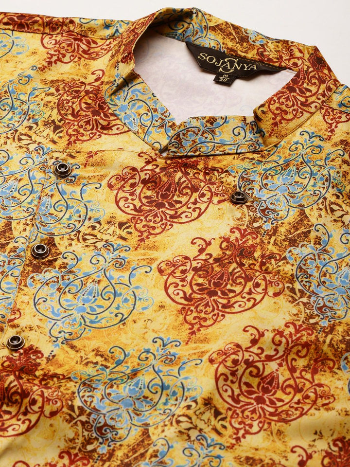 SOJANYA Men Black & Yellow Kurta with Churidar & Printed Jacket
