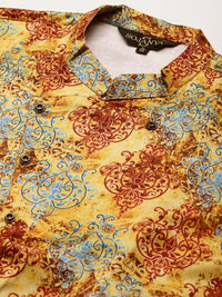 SOJANYA Men Black & Yellow Kurta with Churidar & Printed Jacket