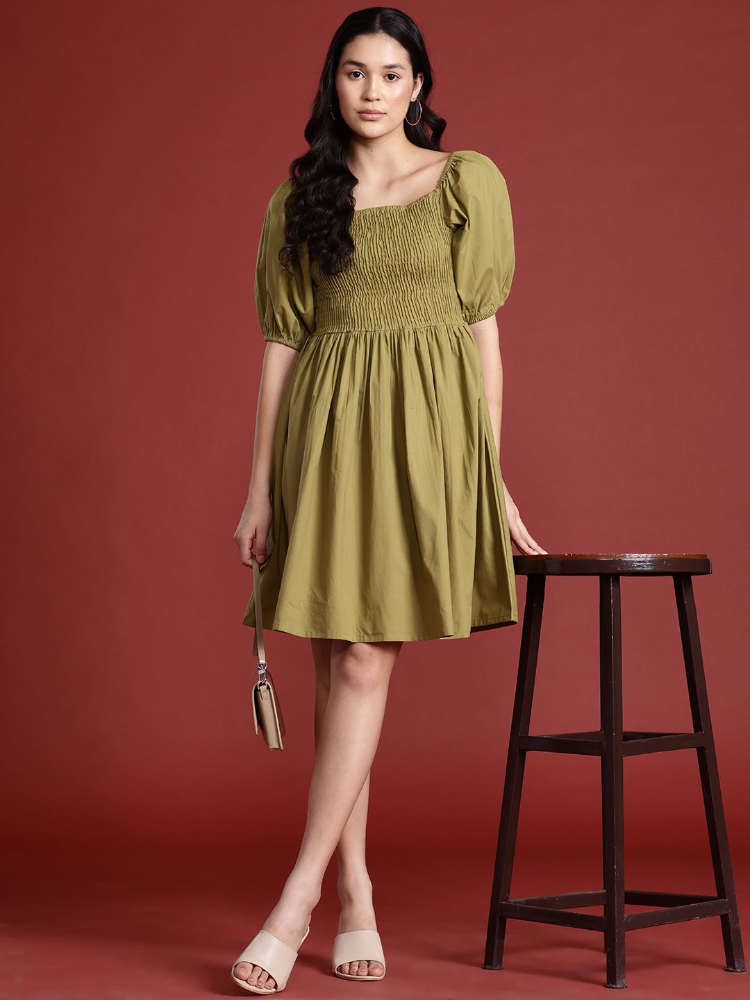 all about you Cotton Smocked Detail Fit & Flare Dress