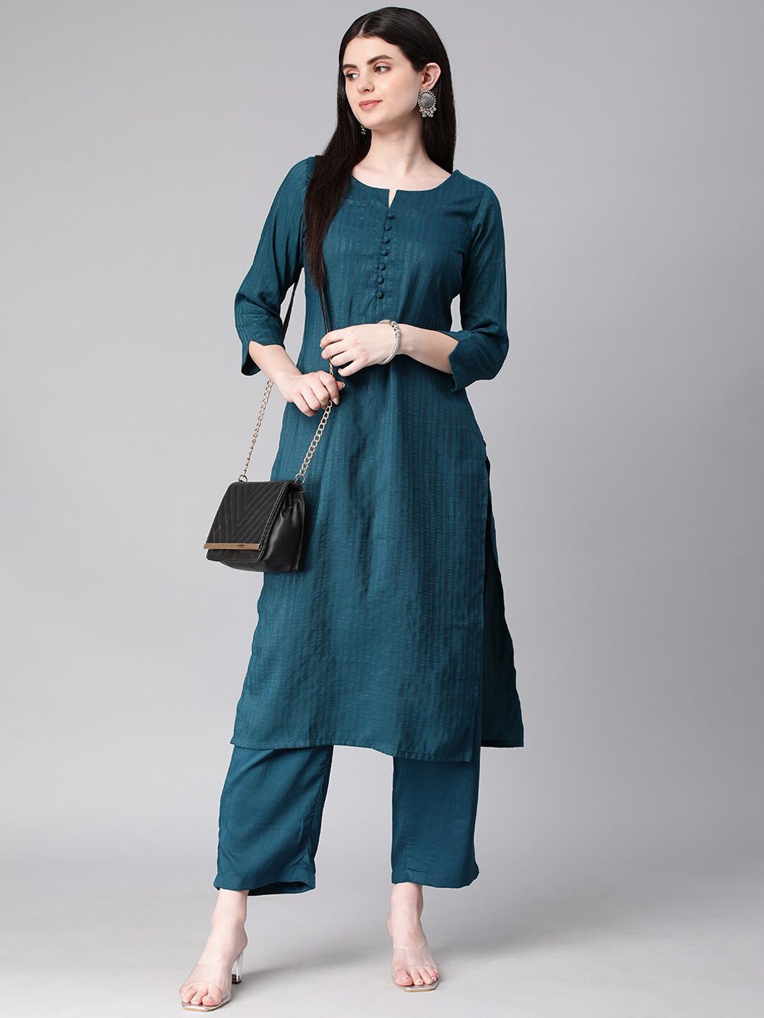 KALINI Woven Design Striped Straight Kurta With Trousers