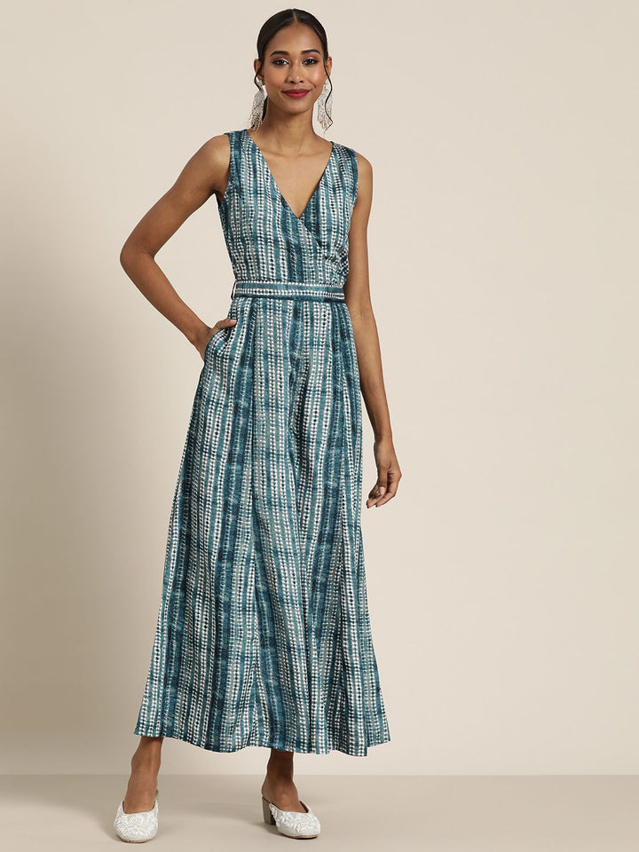 Shae by SASSAFRAS Teal & White Printed Basic Jumpsuit