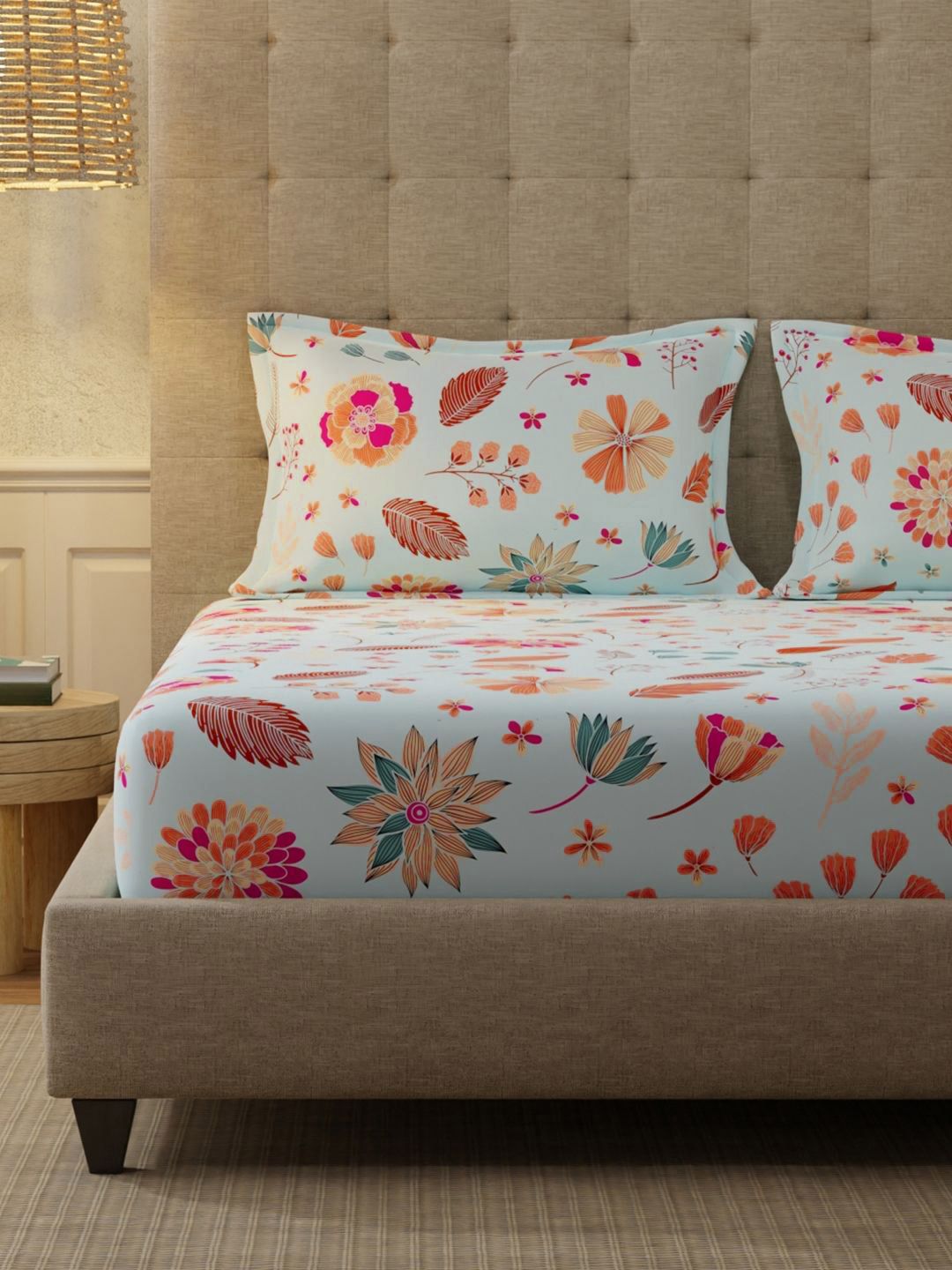 URBAN SPACE Florence Sky Blue 200 TC Floral Queen Bedsheet