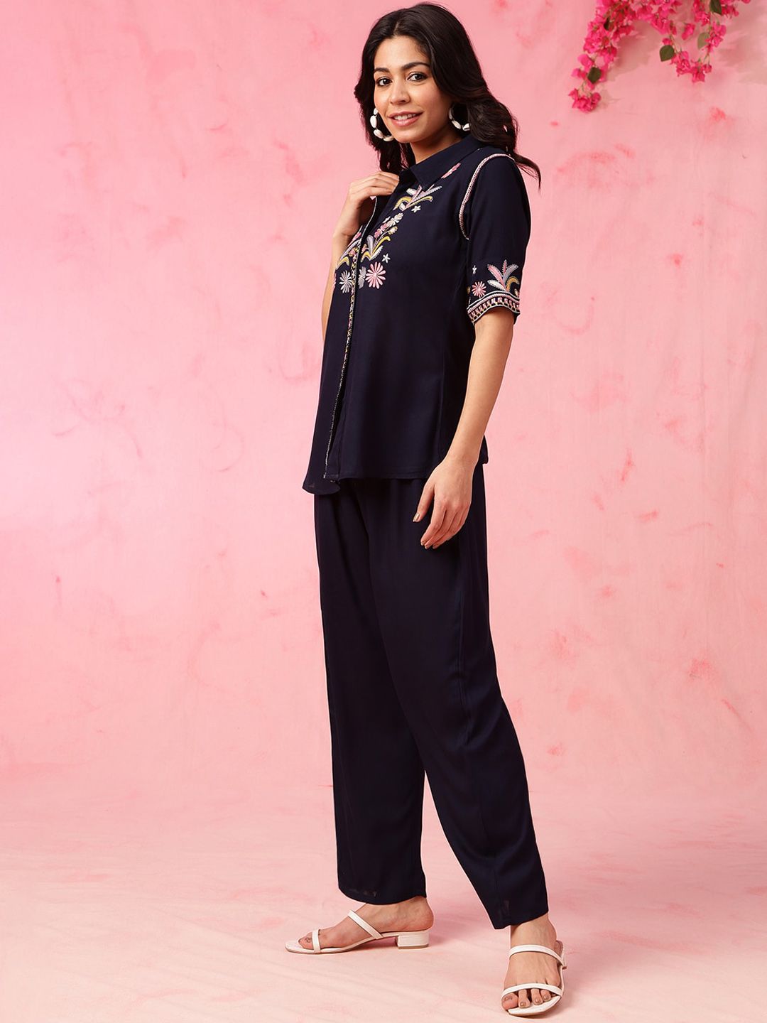 Anouk Navy Blue Embroidered Top With Trousers Co-Ords