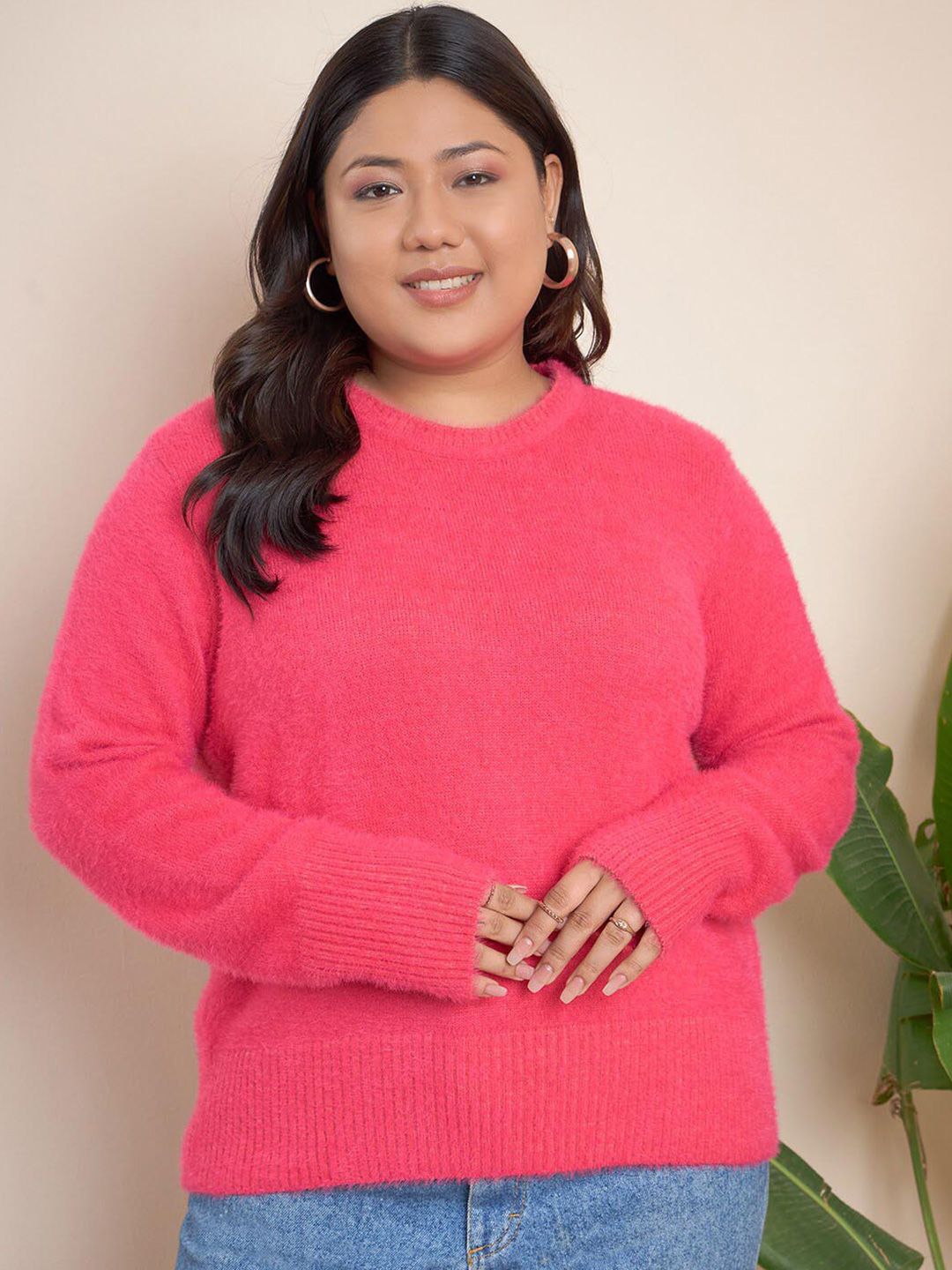 CURVY STREET Plus Size Round Neck Acrylic Pullover