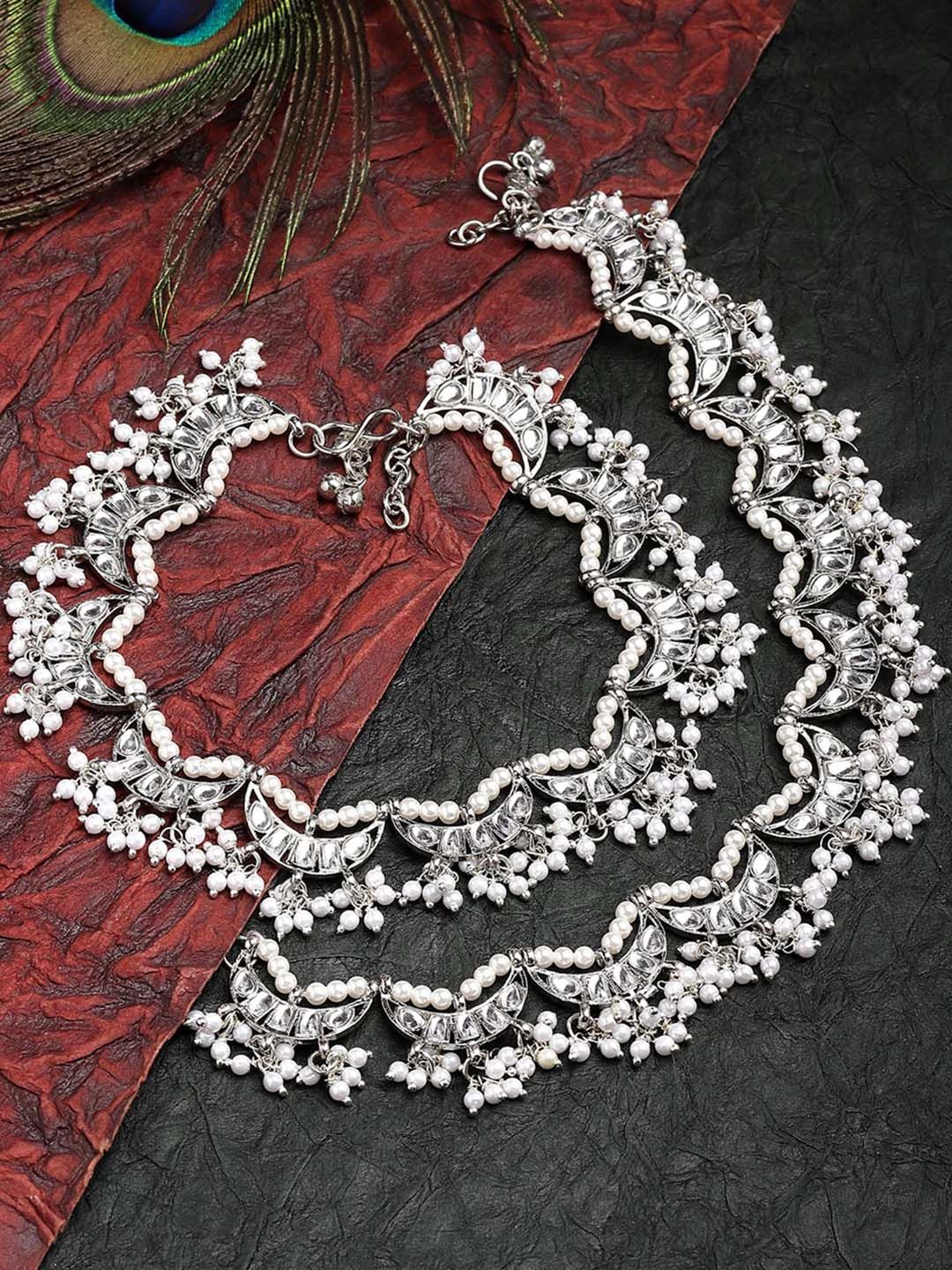 KARATCART Women Set Of 2 Silver-Toned & White Oxidized Anklets