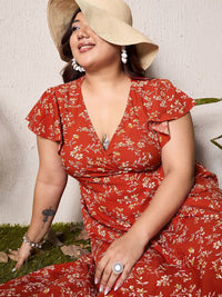 Berrylush Curve Women Floral Print Flutter Sleeve Fit & Flare Midi Dress