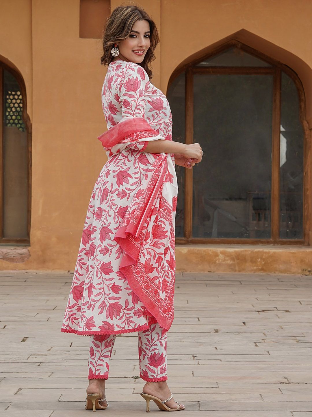 KALINI Floral Printed V-Neck Regular Kurta With Trousers & Dupatta