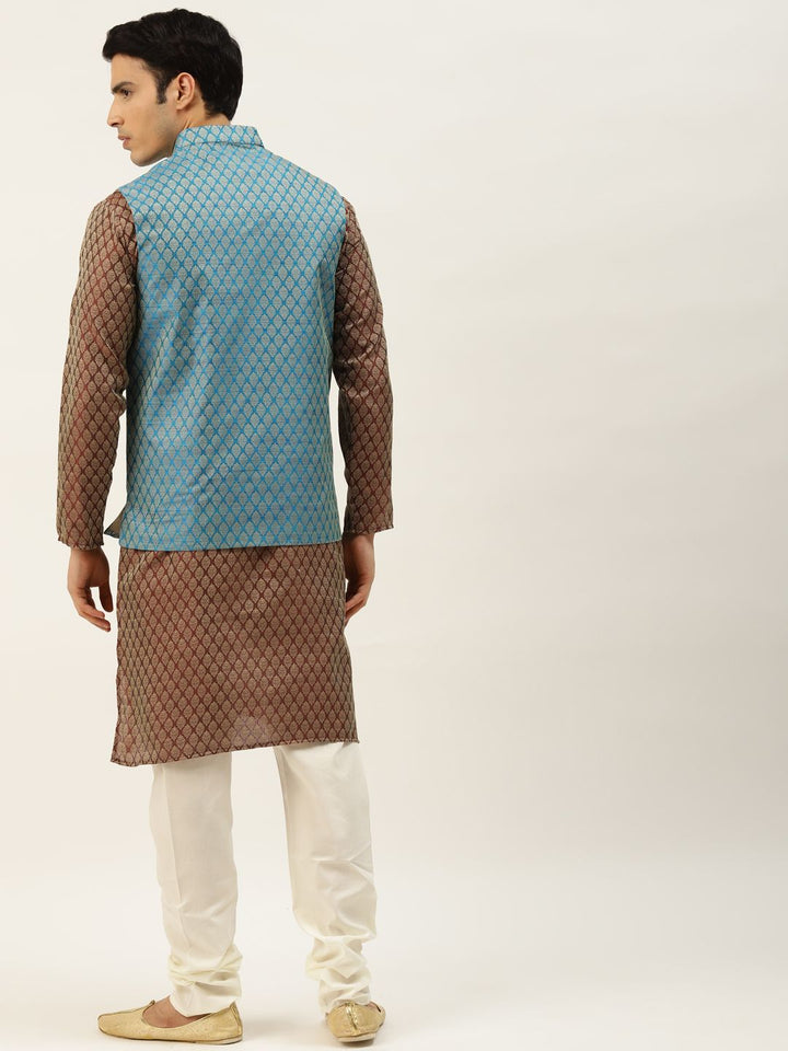 SOJANYA Men Maroon & Golden Self Design Kurta with Churidar & Nehru Jacket