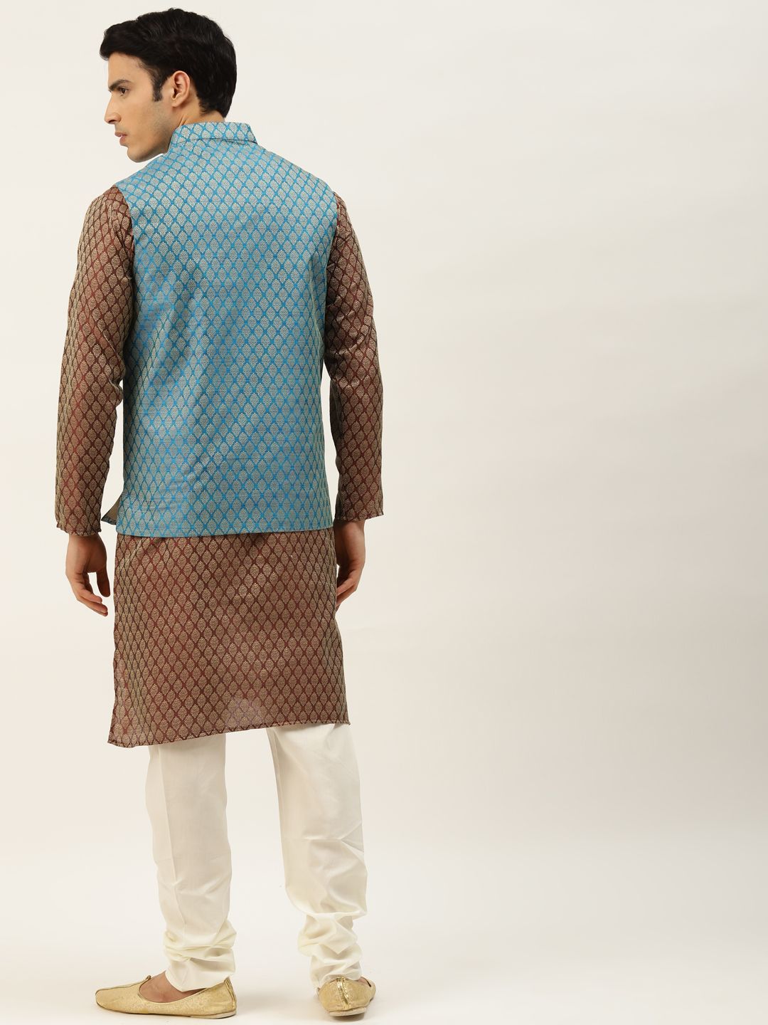 SOJANYA Kurta Rekaan Diri Lelaki Maroon & Emas dengan Jaket Churidar & Nehru