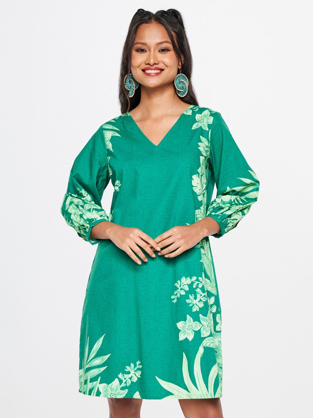 Global Desi Floral Printed Puff Sleeves Gathered Pure Cotton A-Line Dress