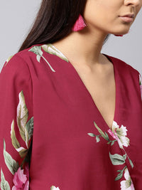 SASSAFRAS Maroon & Green Floral Print Playsuit