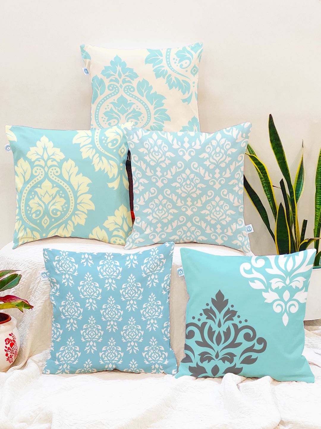 STITCHNEST Blue & White Set of 5 Ethnic Motifs Square Cushion Covers