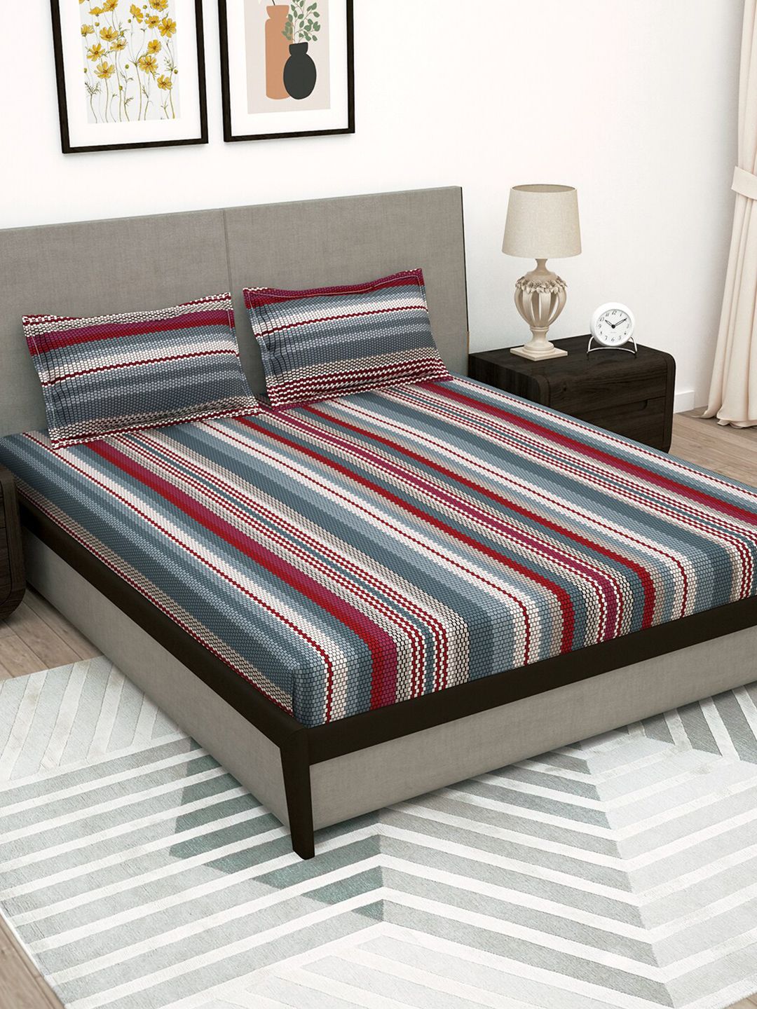 Story@home Grey & Red Striped 180 TC Flat Queen Bedsheet with 2 Pillow Covers