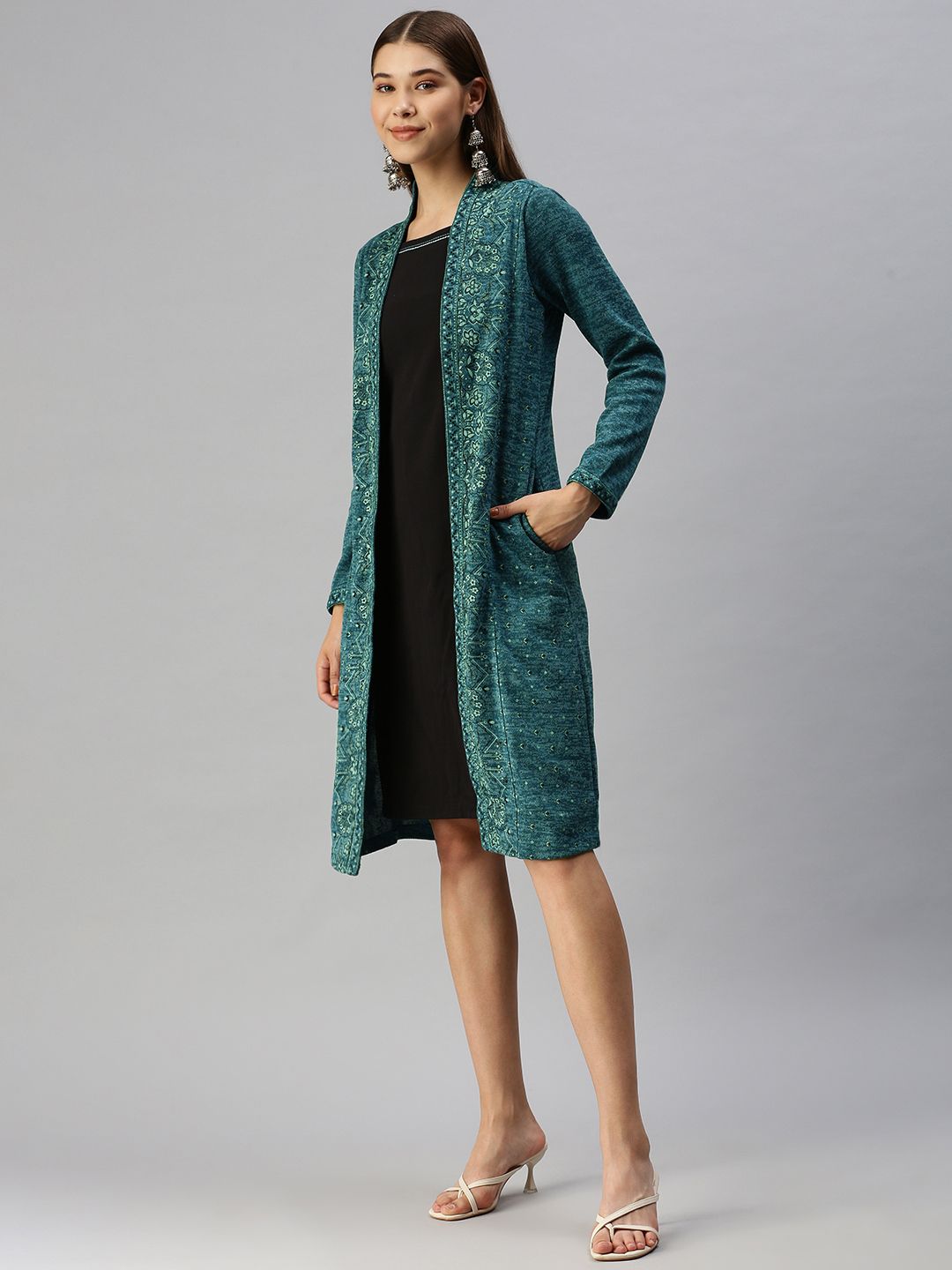 Global Desi Blue & Black Floral A-Line Dress With a Layer