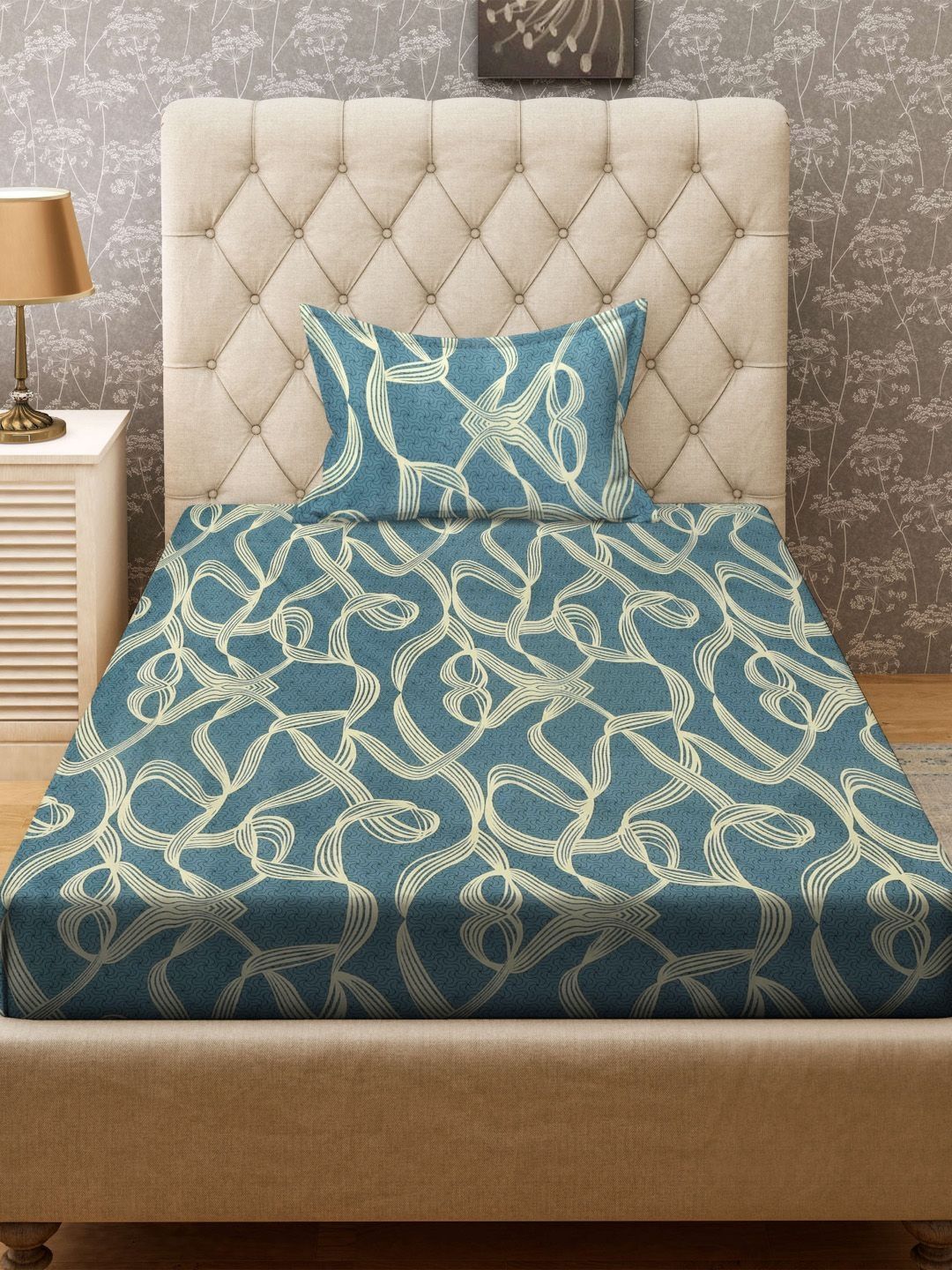 KLOTTHE Turquoise Blue & White Printed 300TC Single Cadar & Sarung Bantal