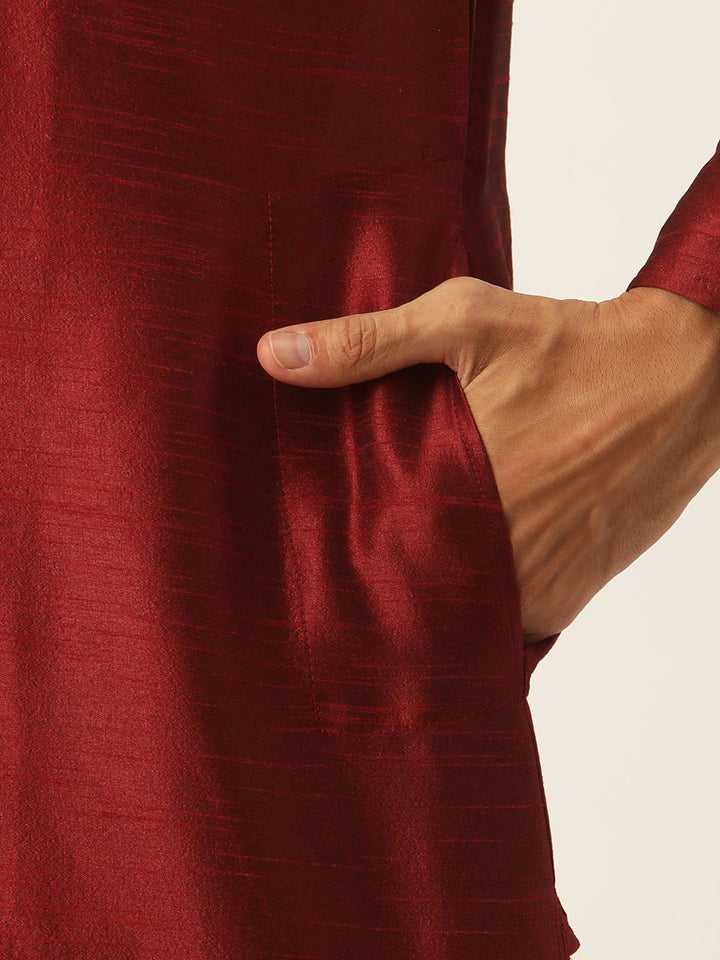 SOJANYA Men Maroon & Mustard Yellow Solid Kurta with Churidar & Nehru Jacket