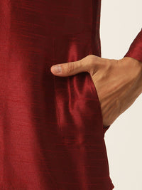 SOJANYA Men Maroon & Mustard Yellow Solid Kurta with Churidar & Nehru Jacket