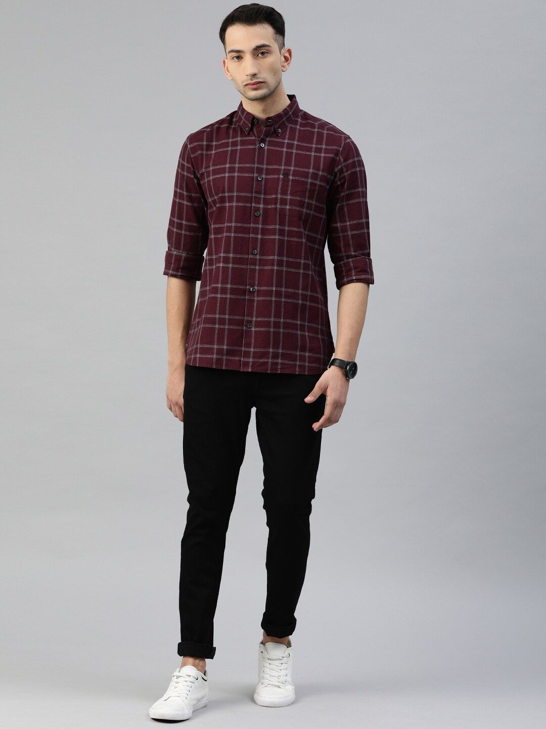 THE BEAR HOUSE Men Maroon & Grey Slim Fit Solid Casual Shirt