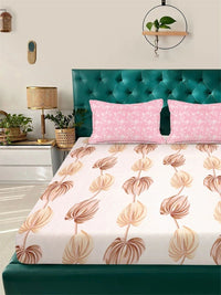 Moda Rapido X KLOTTHE Cream-Coloured & Pink Floral 300 TC King Bedsheet with 2 Pillow Covers