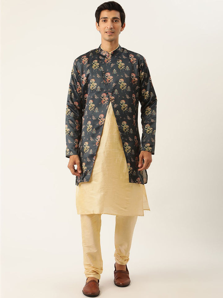 SOJANYA Men Beige Solid Kurta Set With Printed Jacket