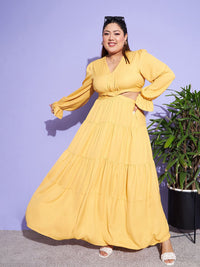 SASSAFRAS Curve Mustard Yellow Plus Size Cut-Out Detail Puff Sleeves Tiered Maxi Dress