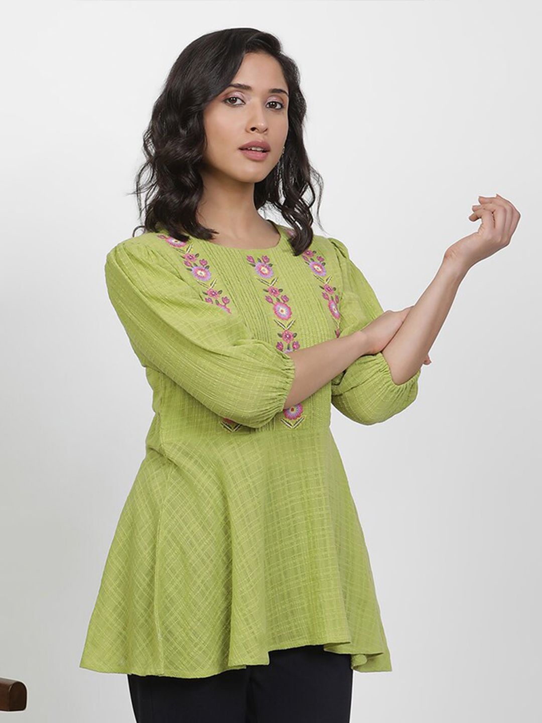 W Floral Embroidered Puffed Sleeves Pure Cotton Longline A-Line Top
