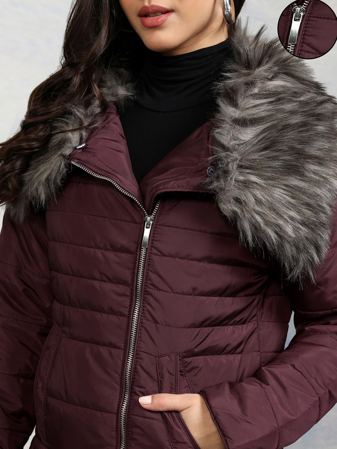 Tokyo Talkies Women Burgundy Solid Puffer Jacket