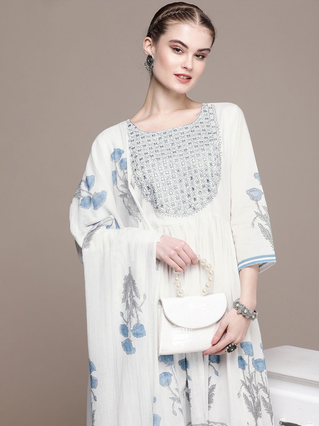 Anouk Women Floral Yoke Design Regular Mirror Work Cotton Kurta with Trousers & Dupatta
