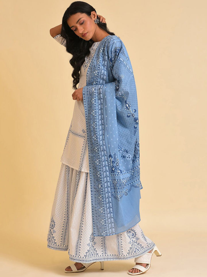 W White Floral Printed Pure Cotton Kurta with Sharara & With Dupatta