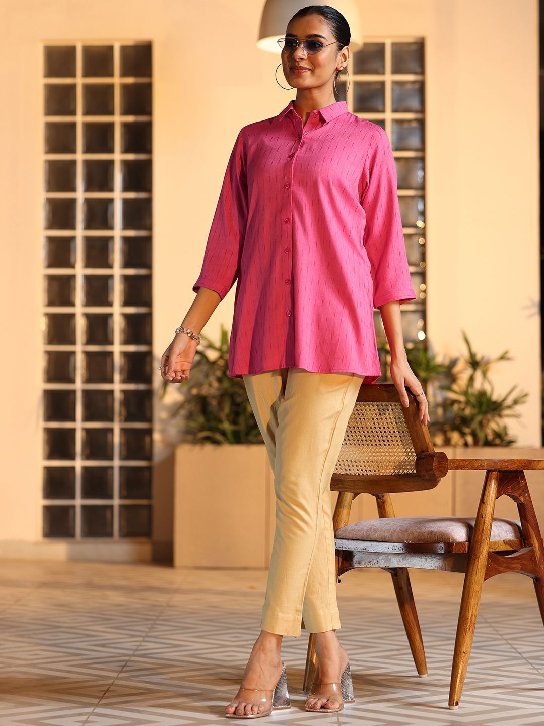 Libas Women Self Design Printed Shirt Collar Tunic