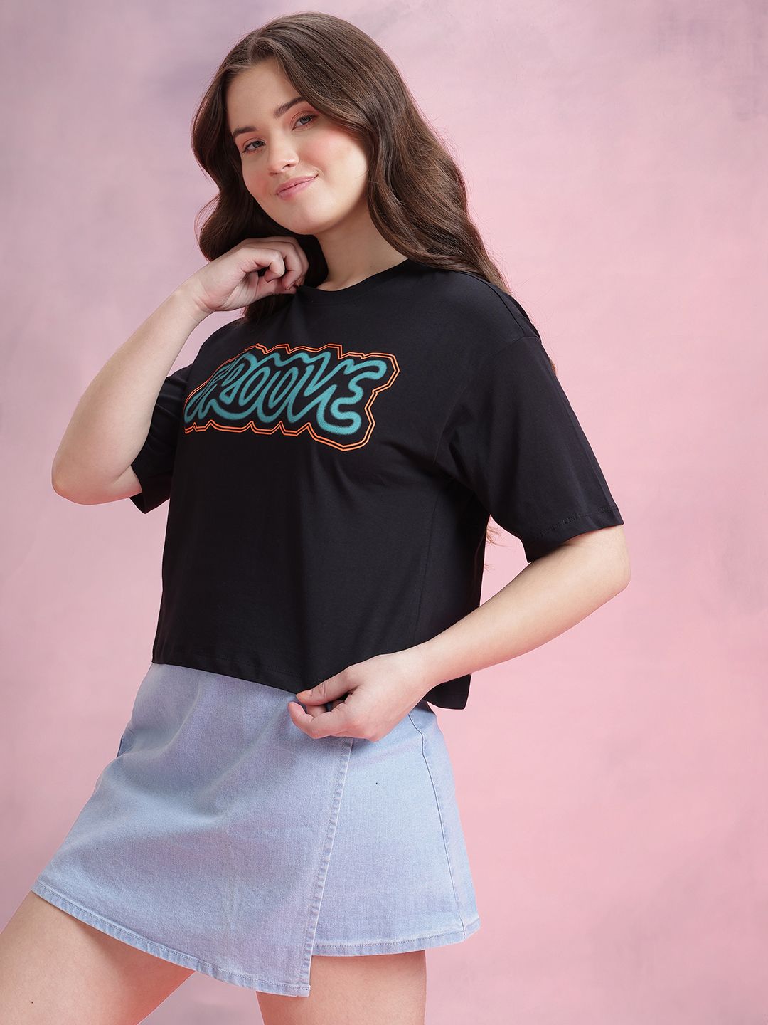 DressBerry Printed Drop-Shoulder Sleeves Cotton Boxy T-shirt