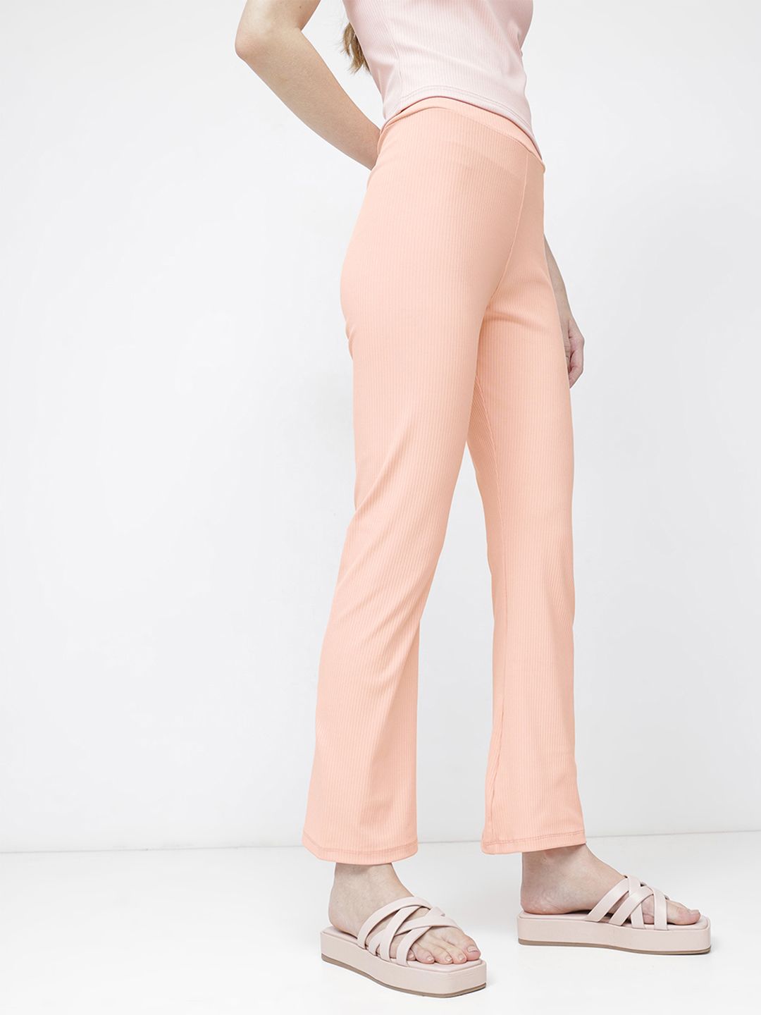 DressBerry Women Peach Fuss Ribbed Staple Trouser