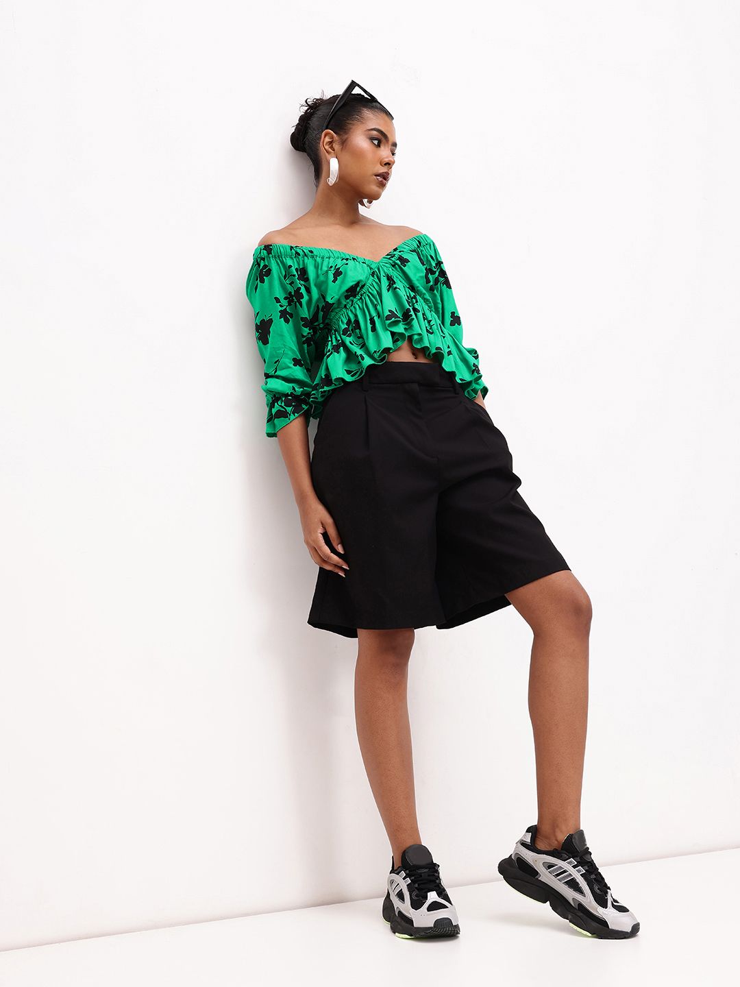 DressBerry leafy Floral Print Off-Shoulder A-Line Top