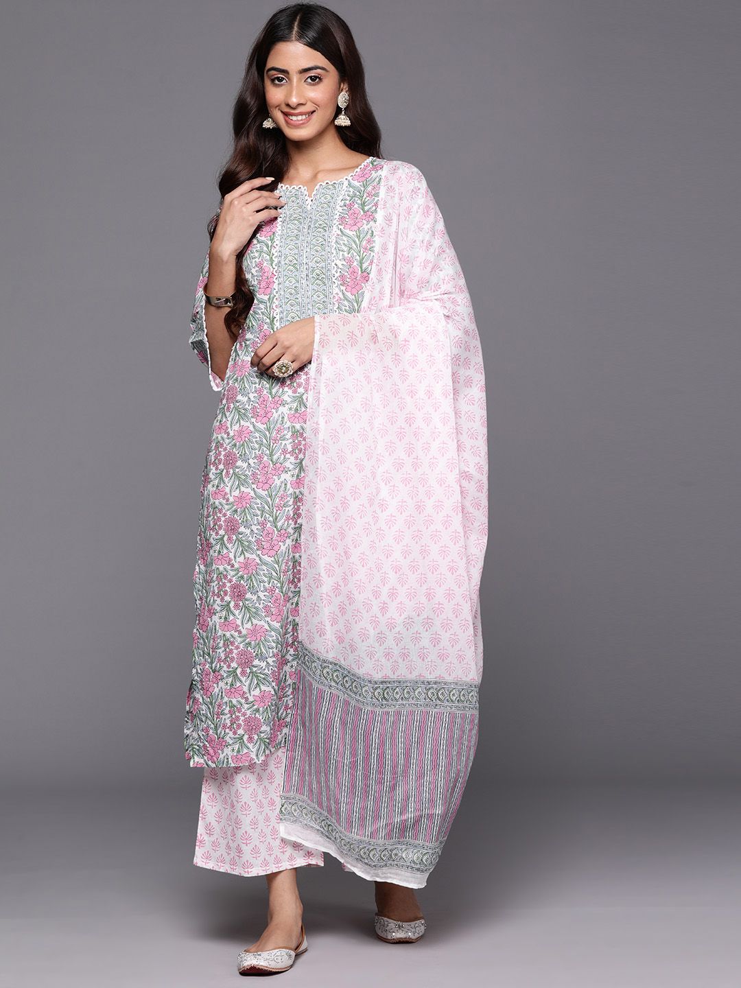 Libas Floral Printed Regular Pure Cotton Kurta with Palazzos & Dupatta