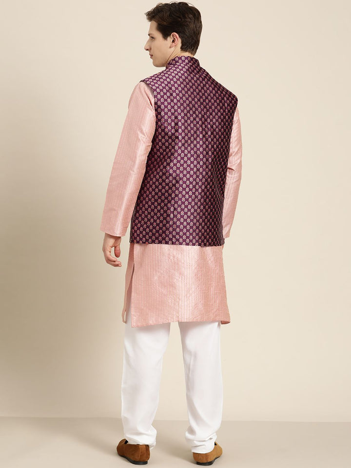 SOJANYA Men Pink Striped Kurta with Pyjamas  & Nehru Jacket