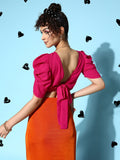 Berrylush Pink Crepe Puff Sleeves Styled Back Crop Top