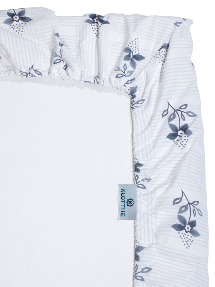 KLOTTHE White & Grey Floral Printed 300 TC Fitted Single Bedsheet With 1 Pillow Cover