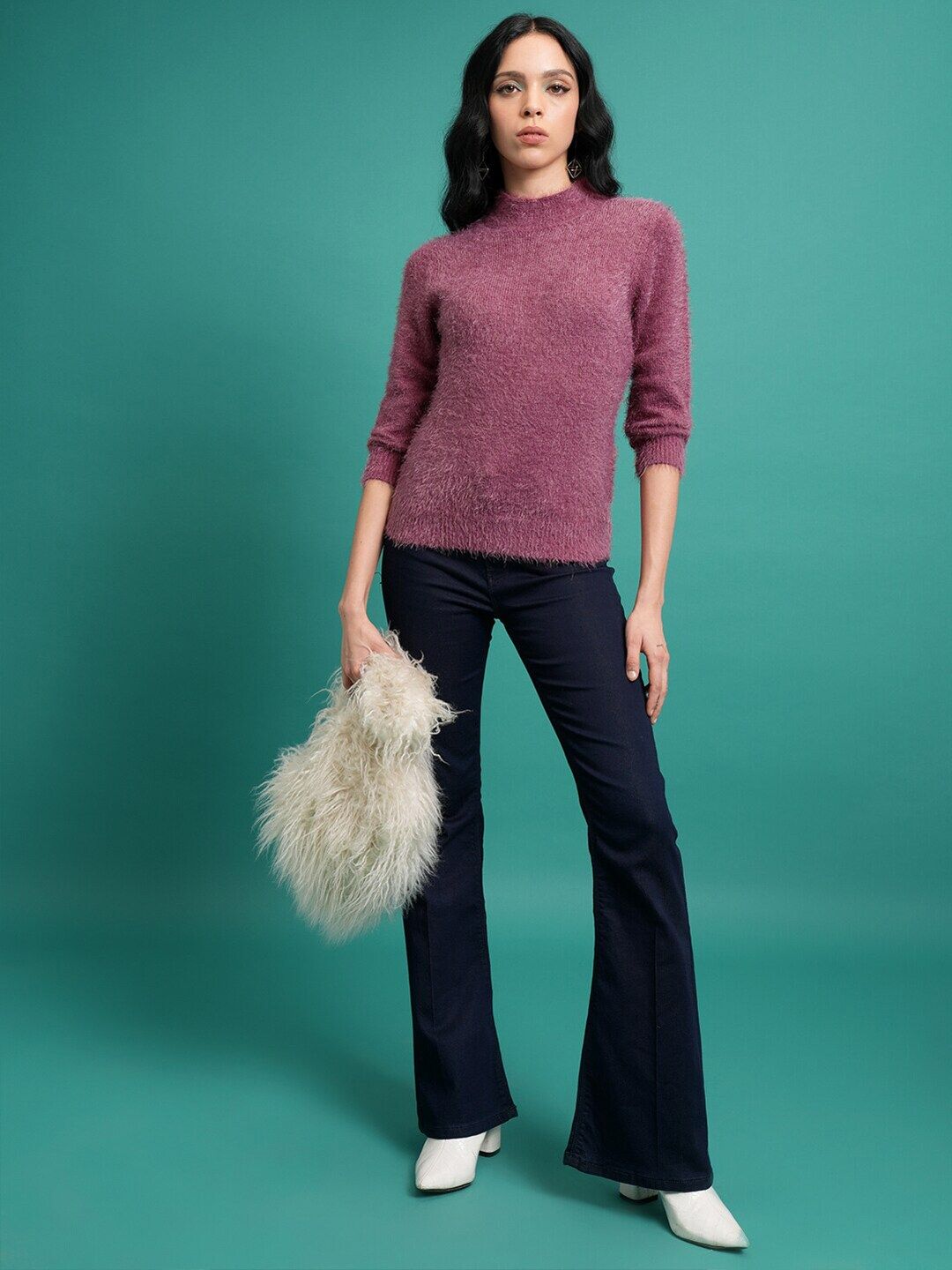 Tokyo Talkies Purple Mock Collar Acrylic Pullover