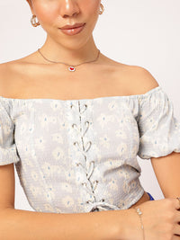 DressBerry Floral Sass Printed Off-Shoulder Bardot Crop Top
