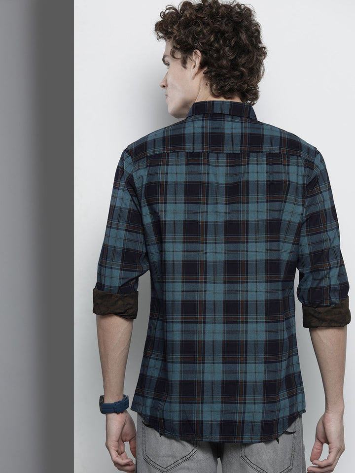 The Indian Garage Co Men Blue & Coffee Brown Comfort Reversible Checked FloralCotton Shirt