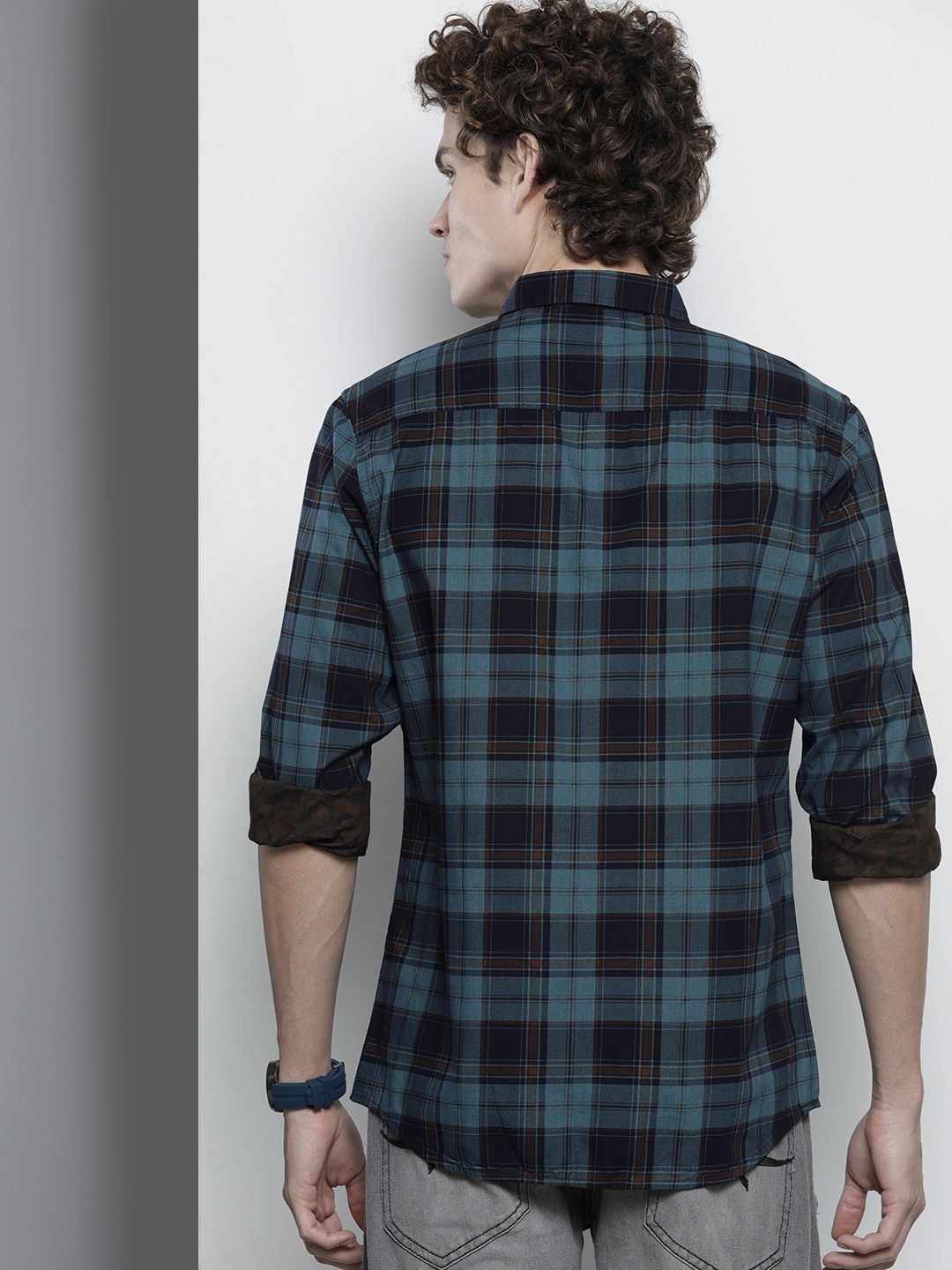 The Indian Garage Co Men Blue & Coffee Brown Comfort Reversible Checked FloralCotton Shirt