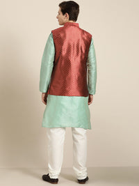 SOJANYA Men Sea Green & Beige Striped Thread Work Straight Kurta Churidar & Nehru Jacket