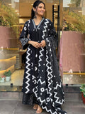 KALINI Geometric Printed Notch Neck Pleated A-Line Kurta With Trouser And Dupatta