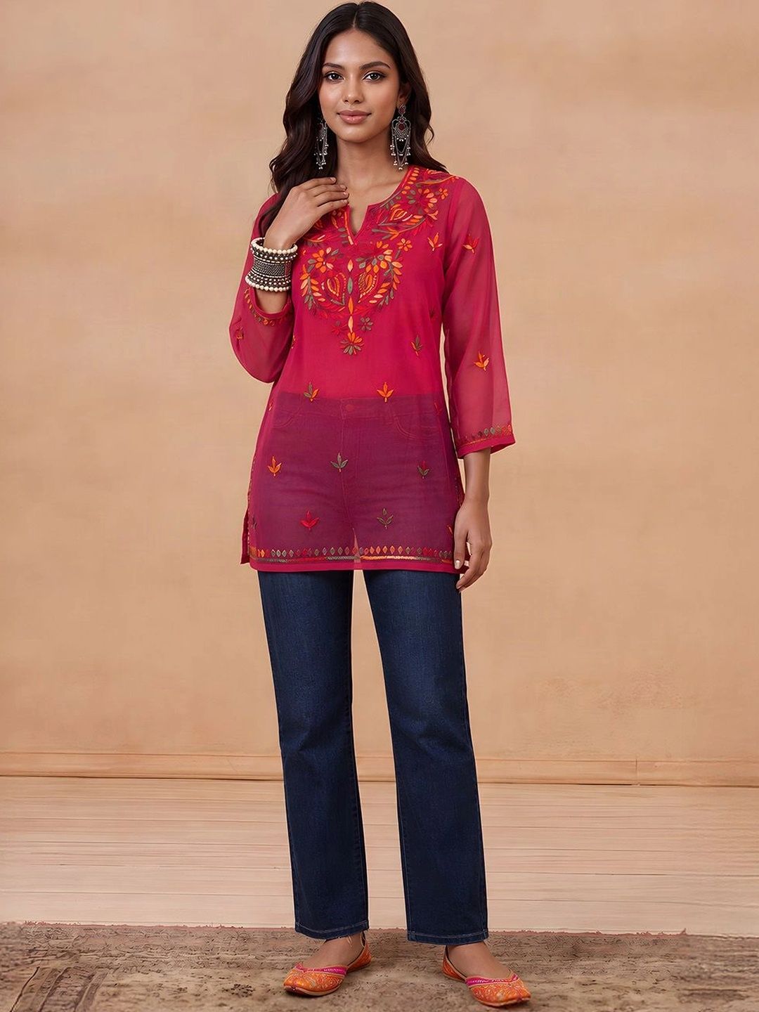 Rumah Wanita Chikankari Kerja Benang Sulam Georgette Kurta
