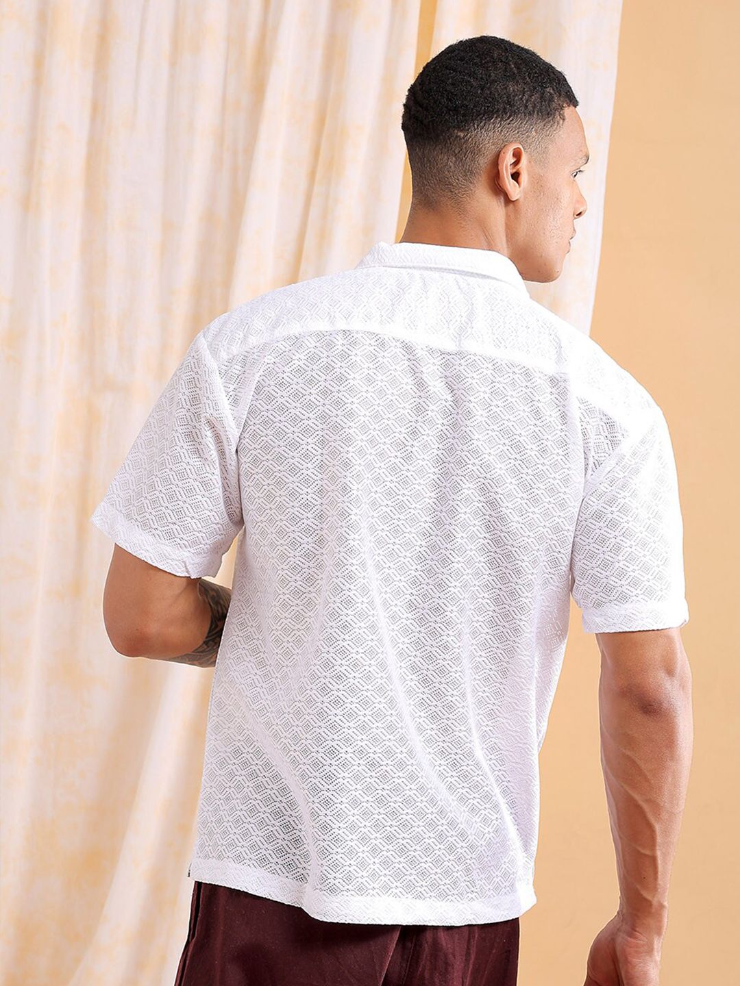 The Indian Garage Co Men Relaxed Fit Solid Warp Knit Lace Resortwear Shirt