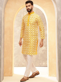 Anouk Mustard Ethnic Motifs Embroidered Band Collar Straight Kurta