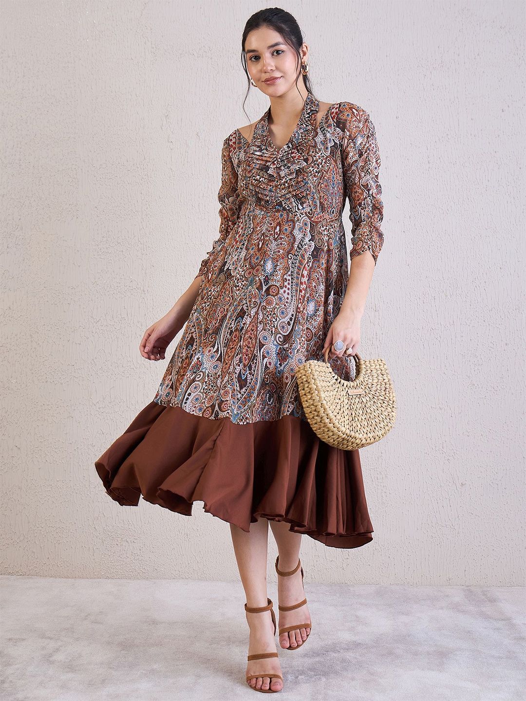 Antheaa Ethnic Motifs Printed Chiffon Fit & Flare Midi Dress