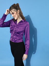 STREET 9 Women Elegant Purple Solid Satin Shirt
