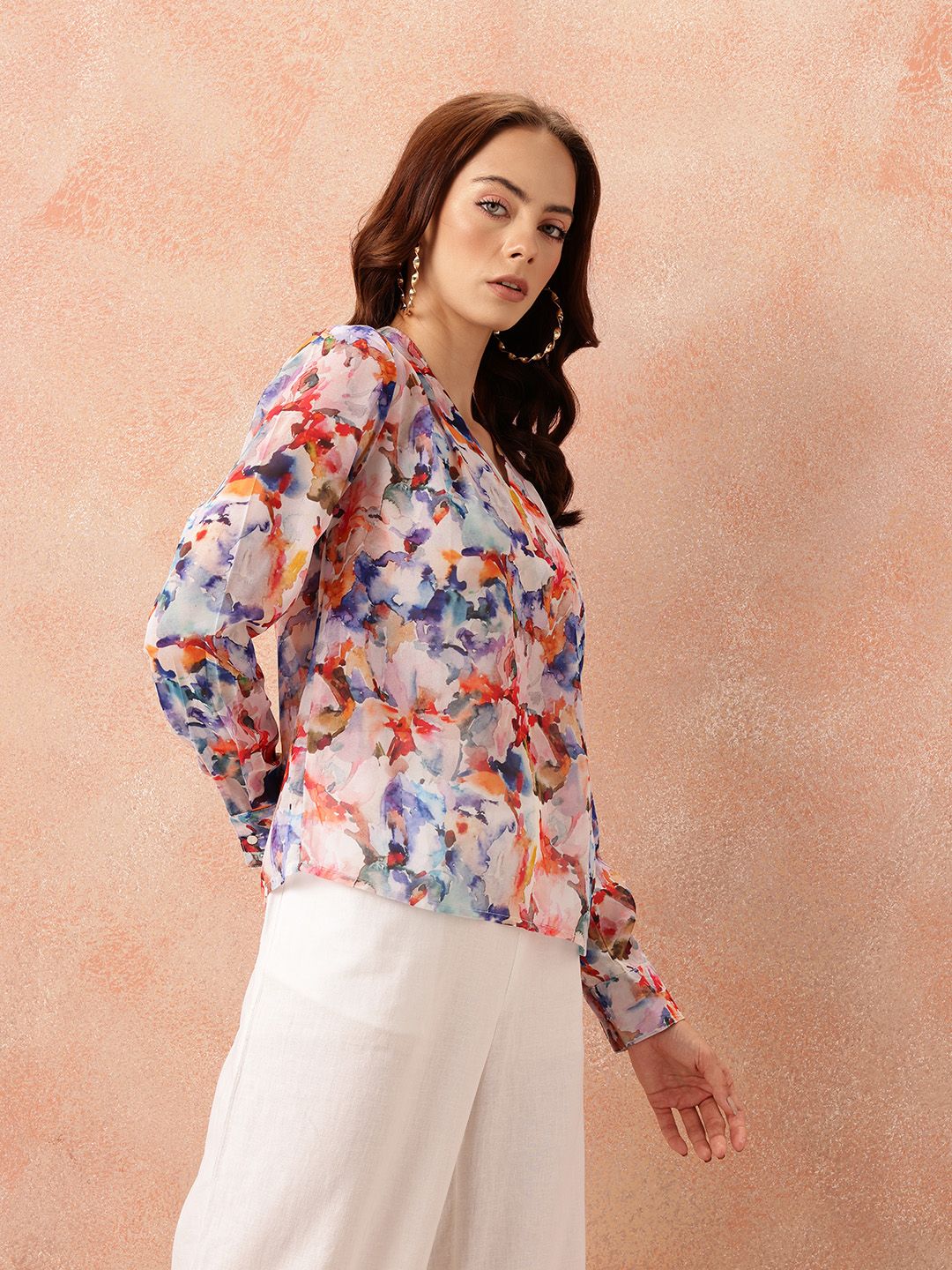 all about you Abstract Print Georgette Semi-Sheer Draped-Style Top