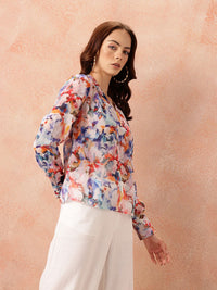 all about you Abstract Print Georgette Semi-Sheer Draped-Style Top